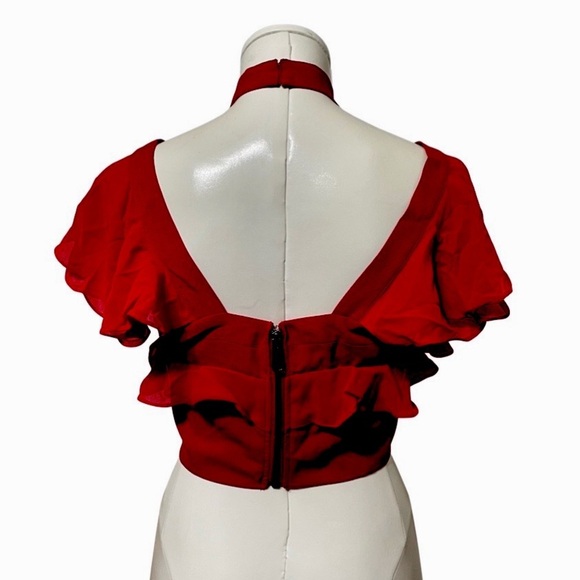 NASTY GAL Tango red deep v neck ruffled flutter sleeve criss cross halter crop - Picture 3 of 7